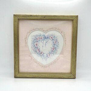 VTG 90s Floral Pink Heart Wreath Wall Hang Art Cottagecore Gold Frame Romantic